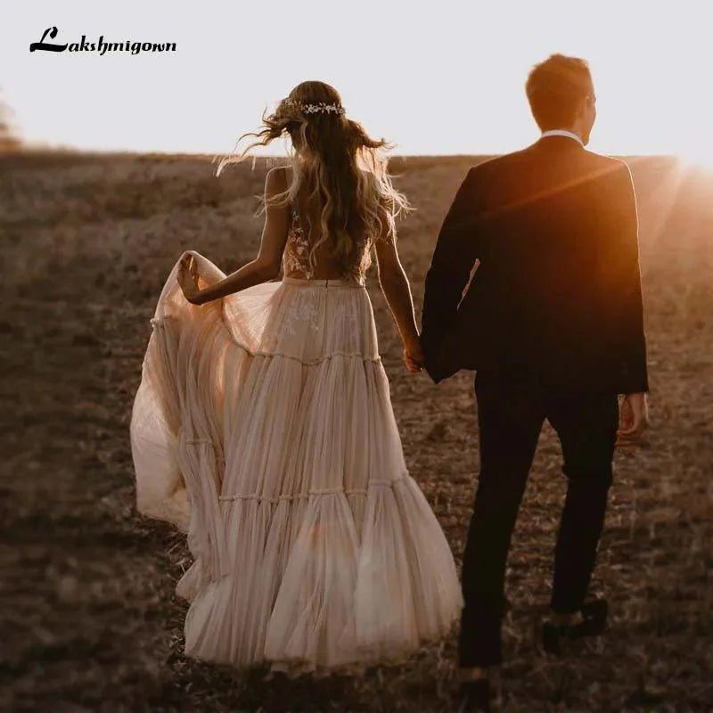 NumberSea Boho Hippie Wedding Dress  Sleeveless V Neck Chic Styl Whimsical Ruched Skirt Tulle Bridal Gowns Robe de mariee