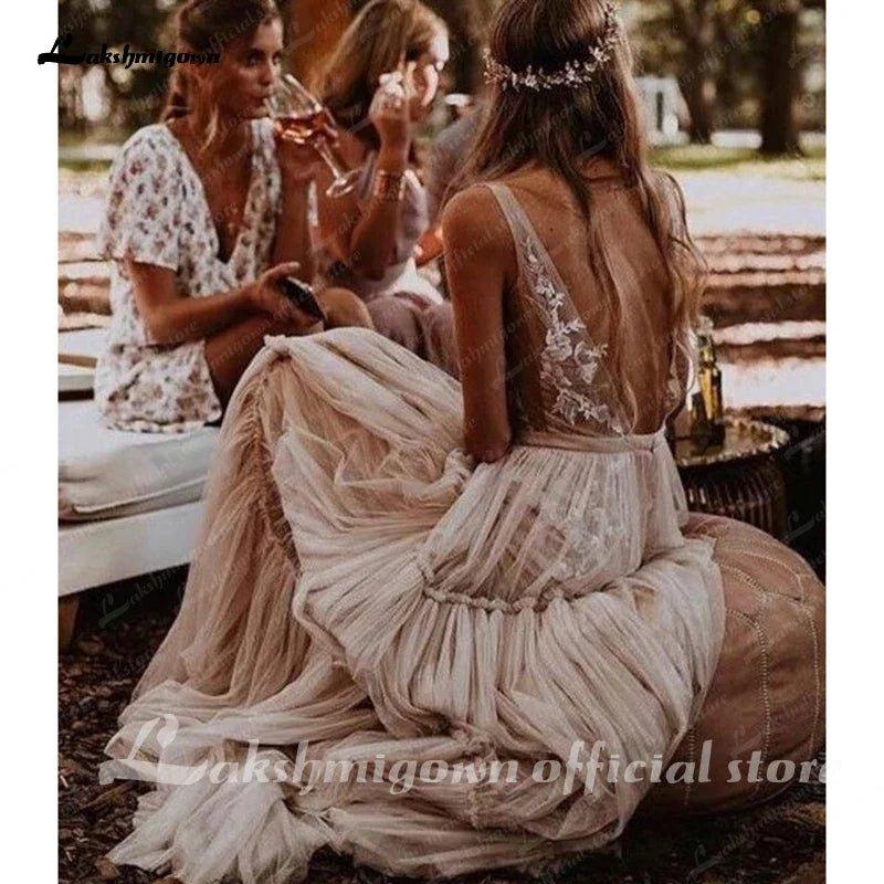 NumberSea Boho Hippie Wedding Dress  Sleeveless V Neck Chic Styl Whimsical Ruched Skirt Tulle Bridal Gowns Robe de mariee