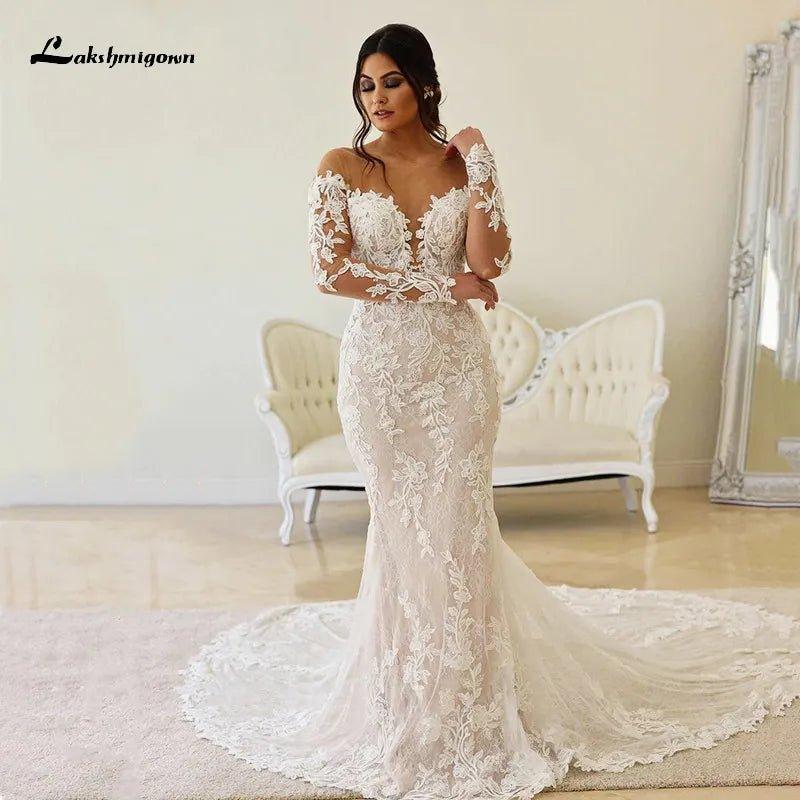 NumberSea Boho Illusion Bodice Lace Mermaid Wedding Dress Long Sleeve Sheer Neck Appliques Bridal Gown vestidos de novia robe