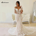 NumberSea Boho Illusion Bodice Lace Mermaid Wedding Dress Long Sleeve Sheer Neck Appliques Bridal Gown vestidos de novia robe