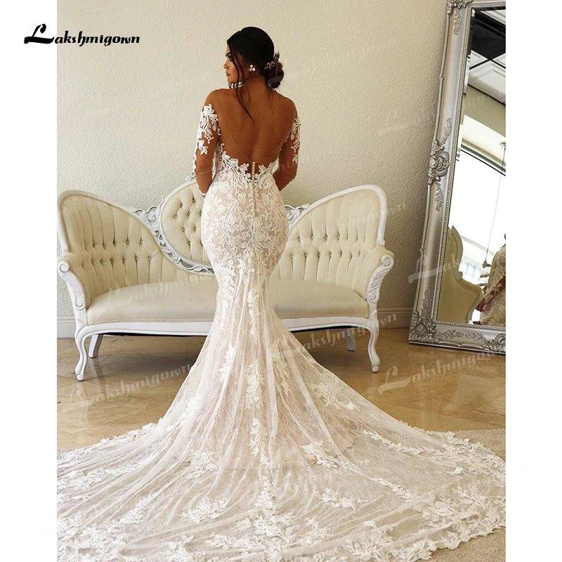 NumberSea Boho Illusion Bodice Lace Mermaid Wedding Dress Long Sleeve Sheer Neck Appliques Bridal Gown vestidos de novia robe