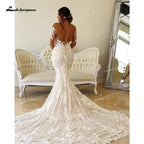 NumberSea Boho Illusion Bodice Lace Mermaid Wedding Dress Long Sleeve Sheer Neck Appliques Bridal Gown vestidos de novia robe