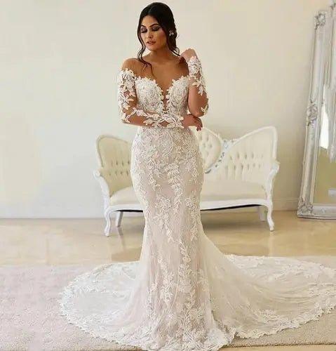 NumberSea Boho Illusion Bodice Lace Mermaid Wedding Dress Long Sleeve Sheer Neck Appliques Bridal Gown vestidos de novia robe