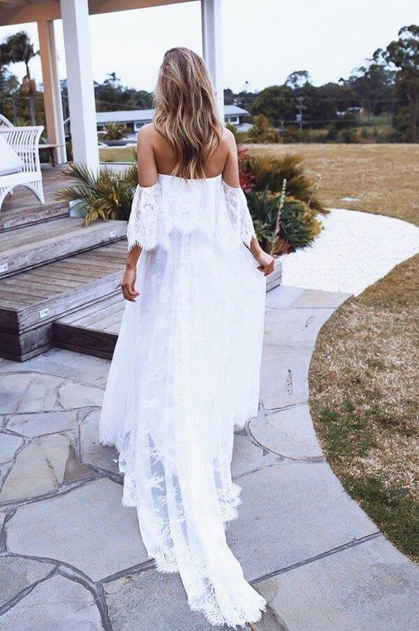 NumberSea Boho Lace A-line Half Sleeves Off-the-Shoulder Beach Wedding Dresses, MW630