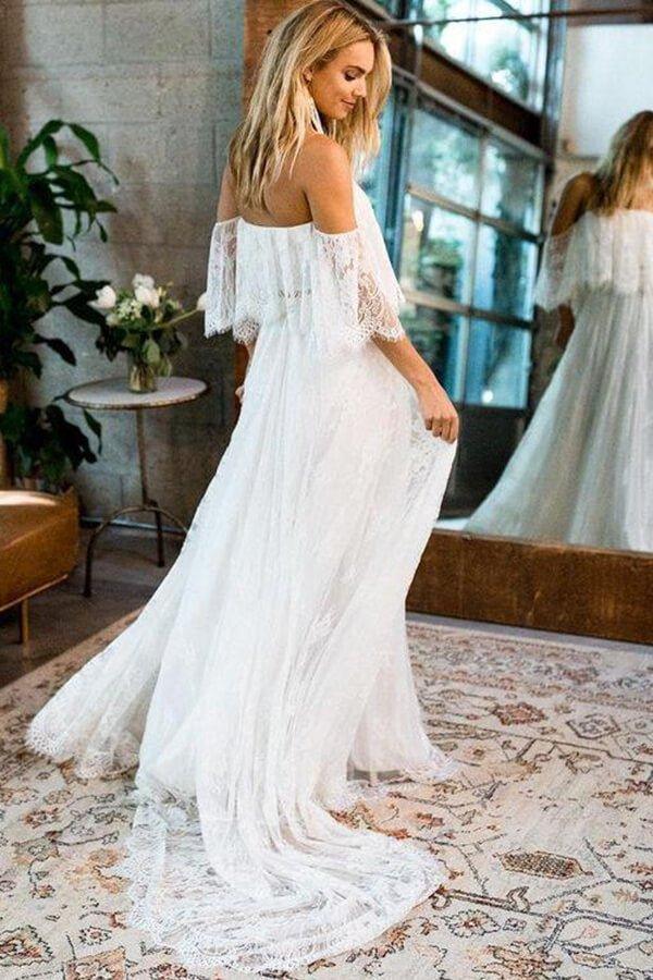 NumberSea Boho Lace A-line Half Sleeves Off-the-Shoulder Beach Wedding Dresses, MW630