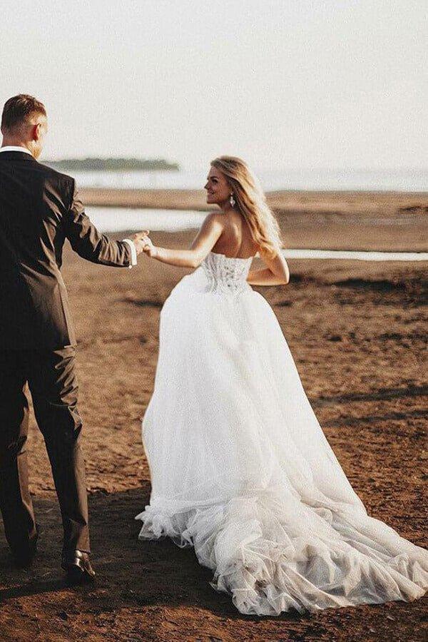 NumberSea Boho Lace Bodice Sweetheart Wedding Dresses, Rustic Bridal Gown, MW548