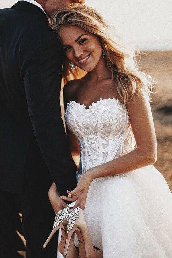 NumberSea Boho Lace Bodice Sweetheart Wedding Dresses, Rustic Bridal Gown, MW548
