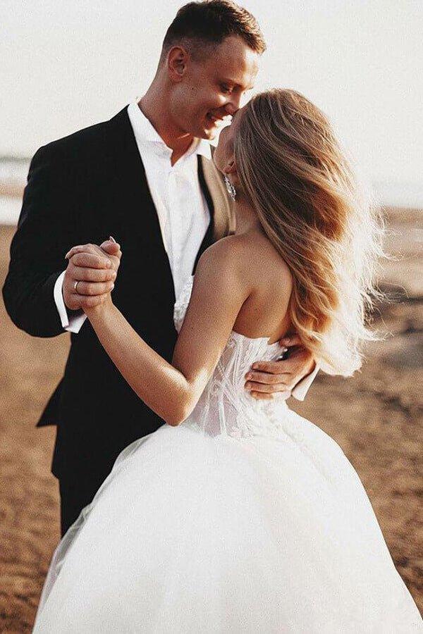 NumberSea Boho Lace Bodice Sweetheart Wedding Dresses, Rustic Bridal Gown, MW548
