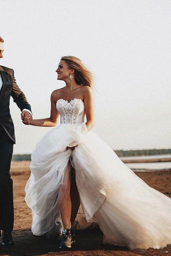 NumberSea Boho Lace Bodice Sweetheart Wedding Dresses, Rustic Bridal Gown, MW548