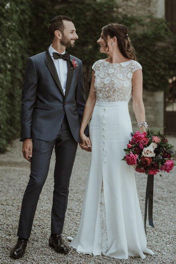 NumberSea Boho Lace Sheath Bateau Cap Sleeves Wedding Dresses, Bridal Gown, MW646