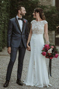 NumberSea Boho Lace Sheath Bateau Cap Sleeves Wedding Dresses, Bridal Gown, MW646