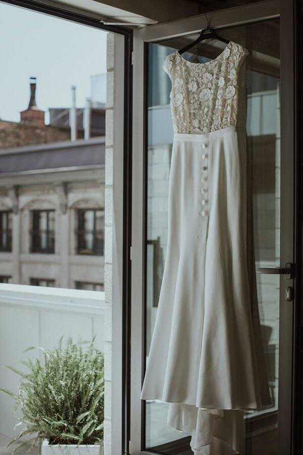 NumberSea Boho Lace Sheath Bateau Cap Sleeves Wedding Dresses, Bridal Gown, MW646