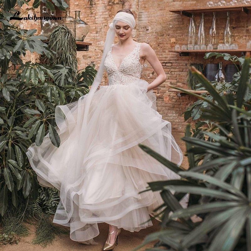 NumberSea Boho Lace Wedding Dresses 2021 Lakshmigown Vestido de Noche New V Neck Luxury Beading Sexy Lace Bridal Gown Robe Mariee