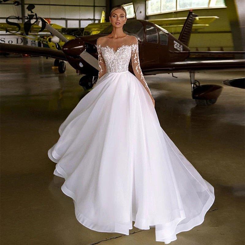 NumberSea Boho O Neck Long Sleeve Organza A Line Wedding Dress 2025 Lace Appliques Beading Bridal Gown