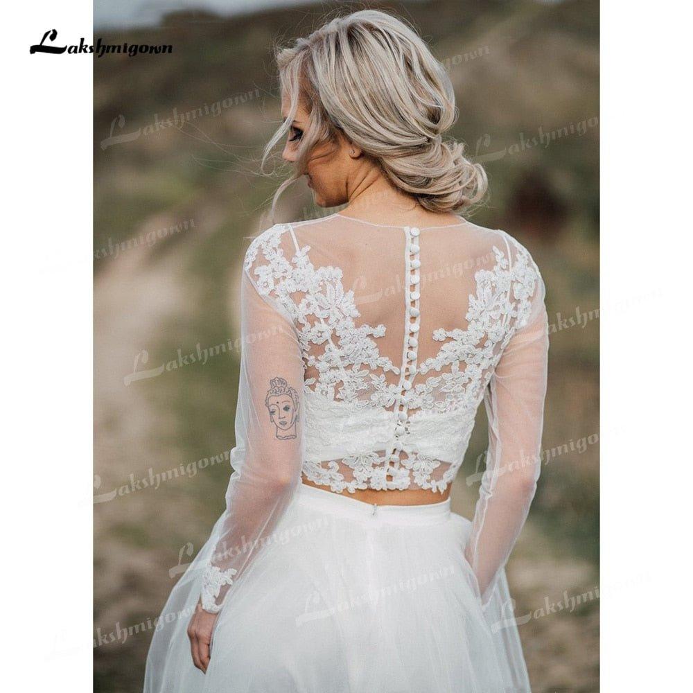 NumberSea Boho Organza And Tulle A-Line Wedding Dresses Two Piece O-Neck Long Sleeve Court Train Bride Gowns Appliques Lace Pleats Elegant