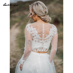 NumberSea Boho Organza And Tulle A-Line Wedding Dresses Two Piece O-Neck Long Sleeve Court Train Bride Gowns Appliques Lace Pleats Elegant