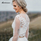 NumberSea Boho Organza And Tulle A-Line Wedding Dresses Two Piece O-Neck Long Sleeve Court Train Bride Gowns Appliques Lace Pleats Elegant
