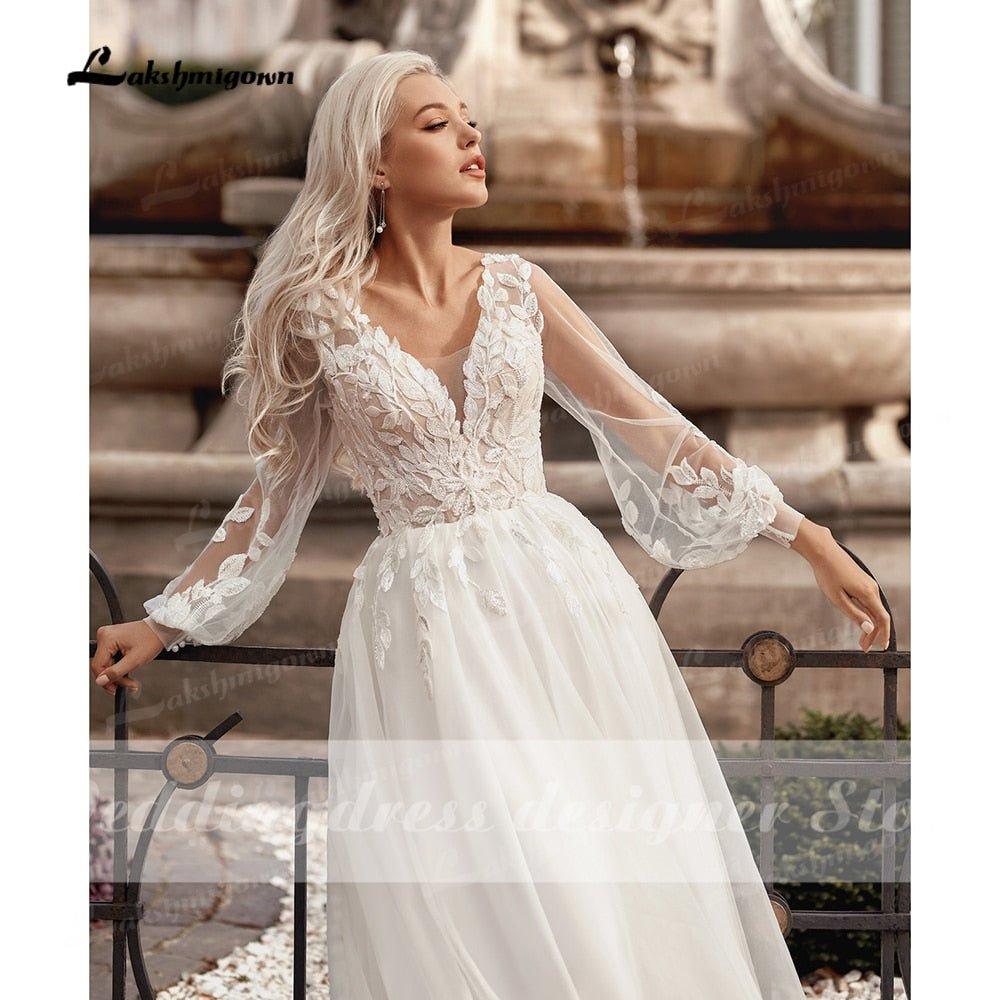 NumberSea Boho Princess A-Line Wedding Dresses V Neck Longue Long Lantern Sleeve Robe De Soiree Simple Beach Wedding Gown Vestidos De Noiv