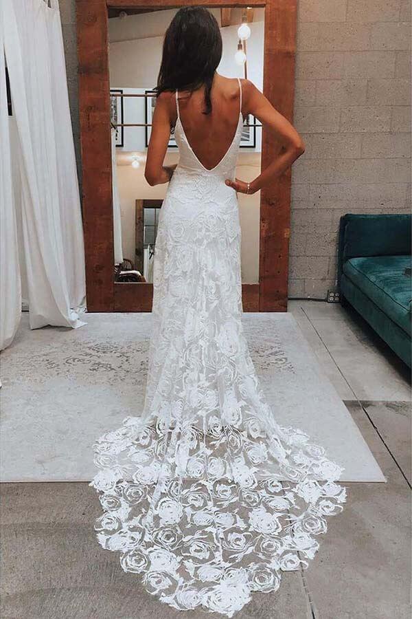 NumberSea Boho Rose Lace Sweetheart Spaghetti Strap Beach Wedding Dresses