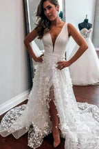 NumberSea Boho Satin A-line V-neck 3D Flowers Wedding Dresses With High Slit, MW961