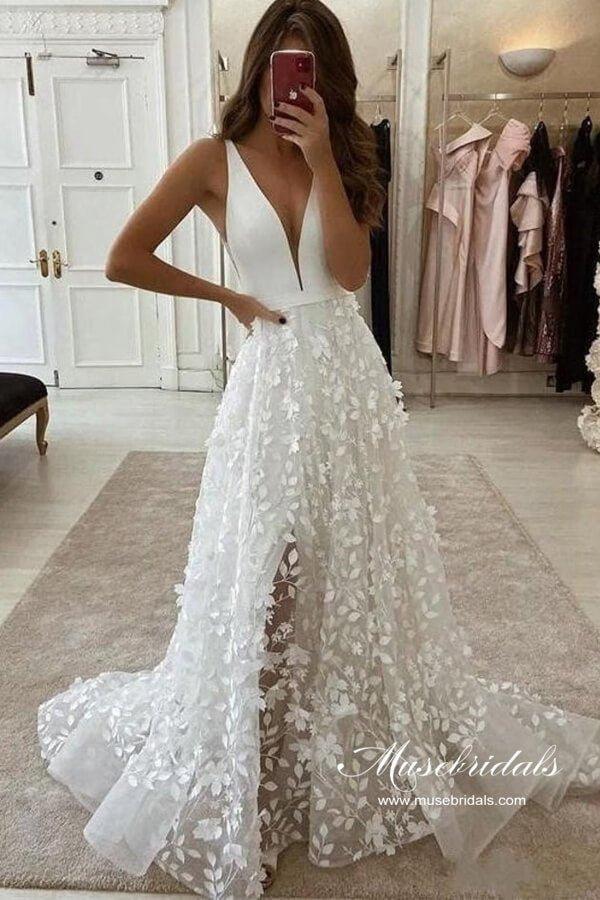 NumberSea Boho Satin A-line V-neck 3D Flowers Wedding Dresses With High Slit, MW961