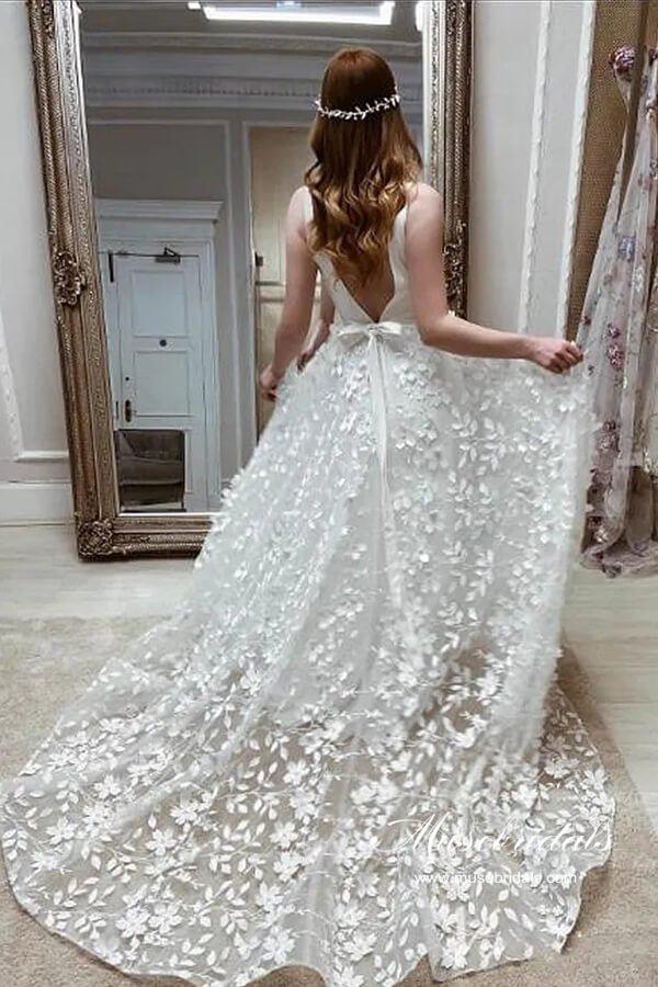 NumberSea Boho Satin A-line V-neck 3D Flowers Wedding Dresses With High Slit, MW961
