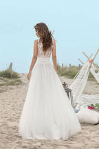 NumberSea Boho Tulle Lace A-line V-neck Floor Length Beach Wedding Dresses, MW673