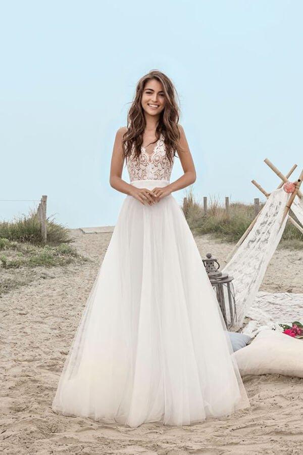 NumberSea Boho Tulle Lace A-line V-neck Floor Length Beach Wedding Dresses, MW673