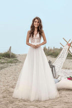 NumberSea Boho Tulle Lace A-line V-neck Floor Length Beach Wedding Dresses, MW673