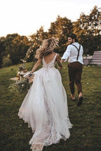 NumberSea Boho Tulle Lace Sweep Train Wedding Dress Bridal Gown With Feather, MW524