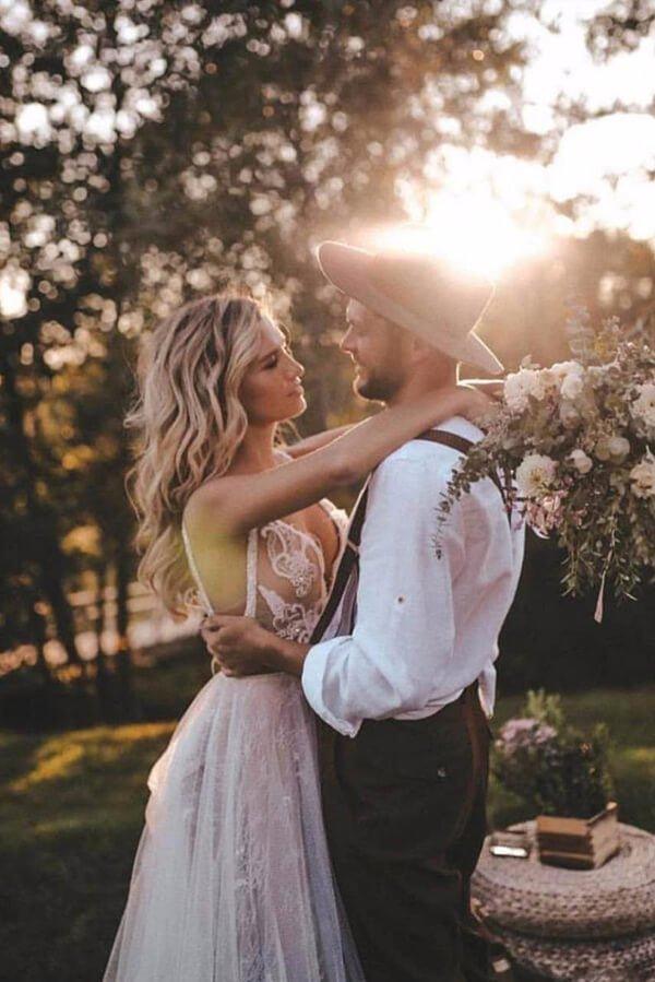 NumberSea Boho Tulle Lace Sweep Train Wedding Dress Bridal Gown With Feather, MW524