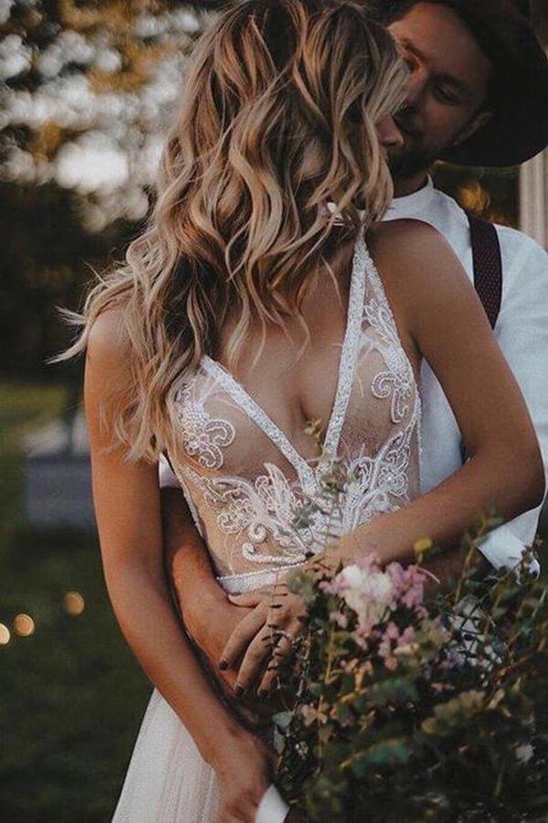 NumberSea Boho Tulle Lace Sweep Train Wedding Dress Bridal Gown With Feather, MW524