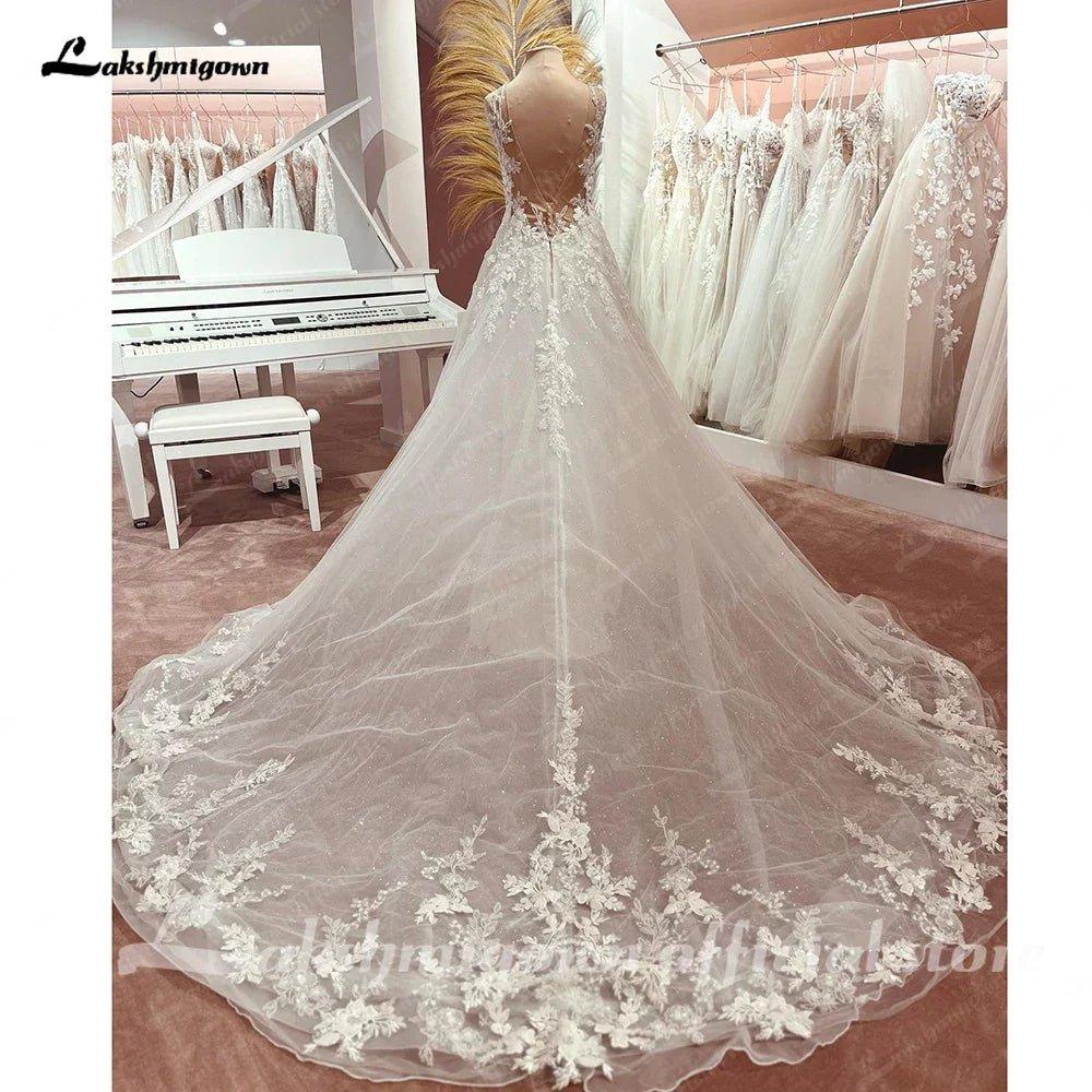 NumberSea Boho Wedding Dress Tulle V-Neck Long Beach Wedding Dresses Vestidos De Novia Open Back Champagne Wedding Dress