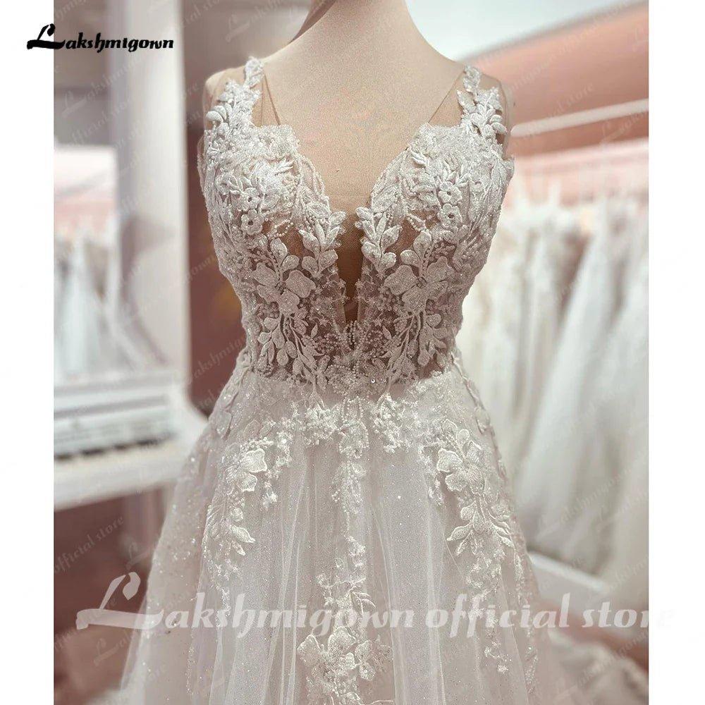 NumberSea Boho Wedding Dress Tulle V-Neck Long Beach Wedding Dresses Vestidos De Novia Open Back Champagne Wedding Dress