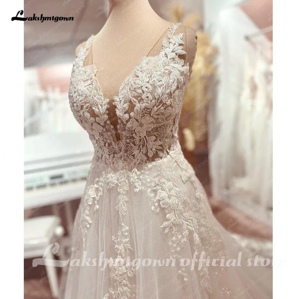 NumberSea Boho Wedding Dress Tulle V-Neck Long Beach Wedding Dresses Vestidos De Novia Open Back Champagne Wedding Dress