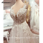NumberSea Boho Wedding Dress Tulle V-Neck Long Beach Wedding Dresses Vestidos De Novia Open Back Champagne Wedding Dress