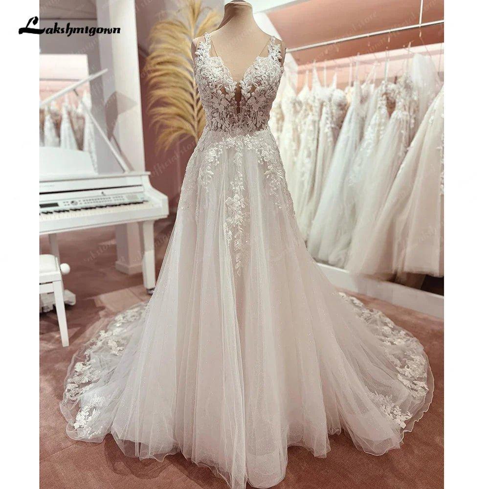 NumberSea Boho Wedding Dress Tulle V-Neck Long Beach Wedding Dresses Vestidos De Novia Open Back Champagne Wedding Dress