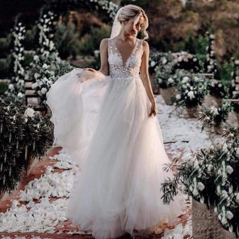 NumberSea Boho Wedding Dress V Neck A Line Boho Bridal Gown 3D Flower