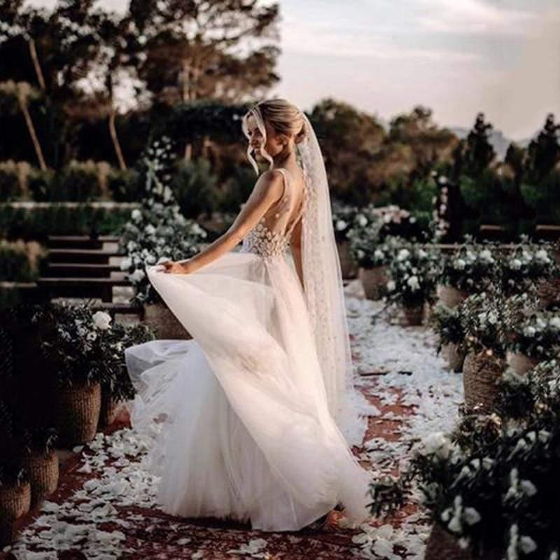 NumberSea Boho Wedding Dress V Neck A Line Boho Bridal Gown 3D Flower