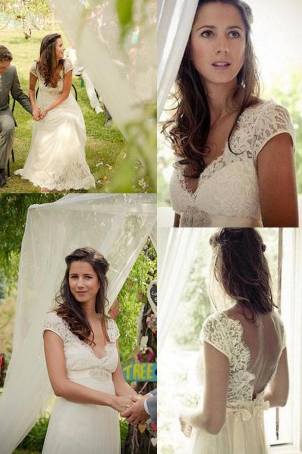 NumberSea Cap Sleeve A Line V Back Cheap Long Lace Wedding Dresses, Bridal Dress, MW139