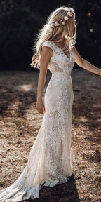 NumberSea Cap Sleeve Sheath Boho Wedding Dresses Vintage Lace Rustic Wedding Dress,MW314