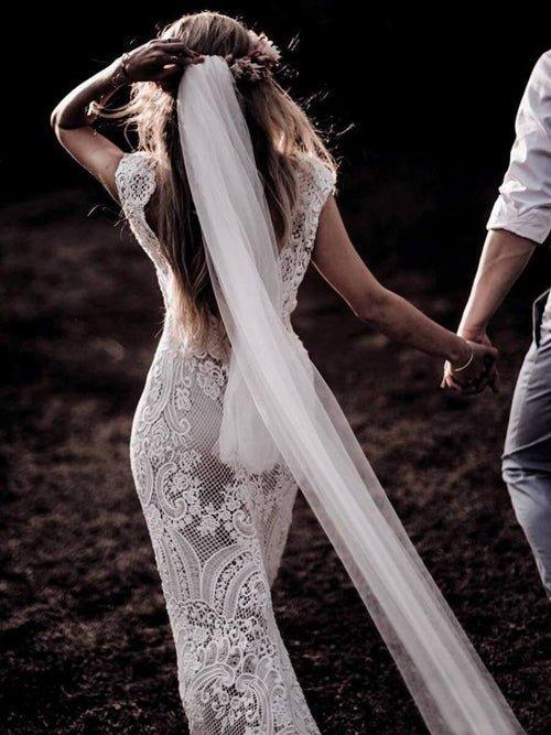 NumberSea Cap Sleeve Sheath Boho Wedding Dresses Vintage Lace Rustic Wedding Dress,MW314