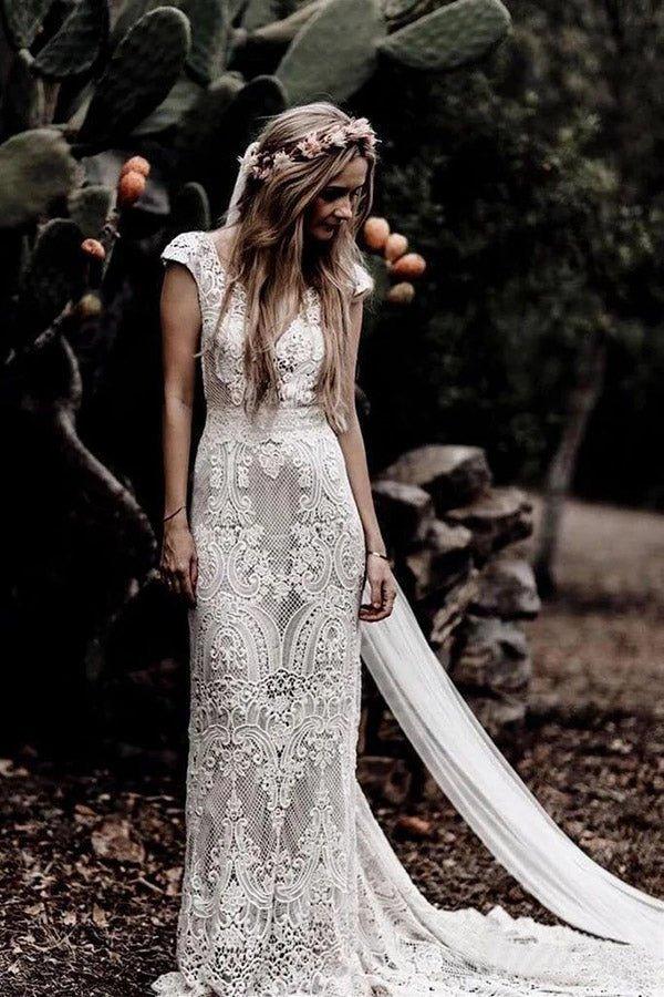 NumberSea Cap Sleeve Sheath Boho Wedding Dresses Vintage Lace Rustic Wedding Dress,MW314