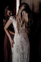 NumberSea Cap Sleeve Sheath Boho Wedding Dresses Vintage Lace Rustic Wedding Dress,MW314
