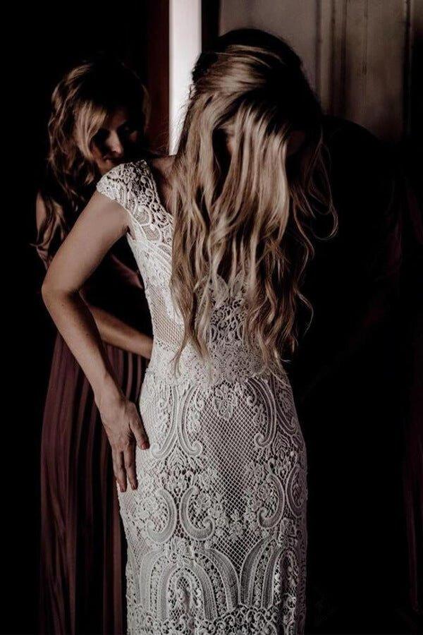 NumberSea Cap Sleeve Sheath Boho Wedding Dresses Vintage Lace Rustic Wedding Dress,MW314