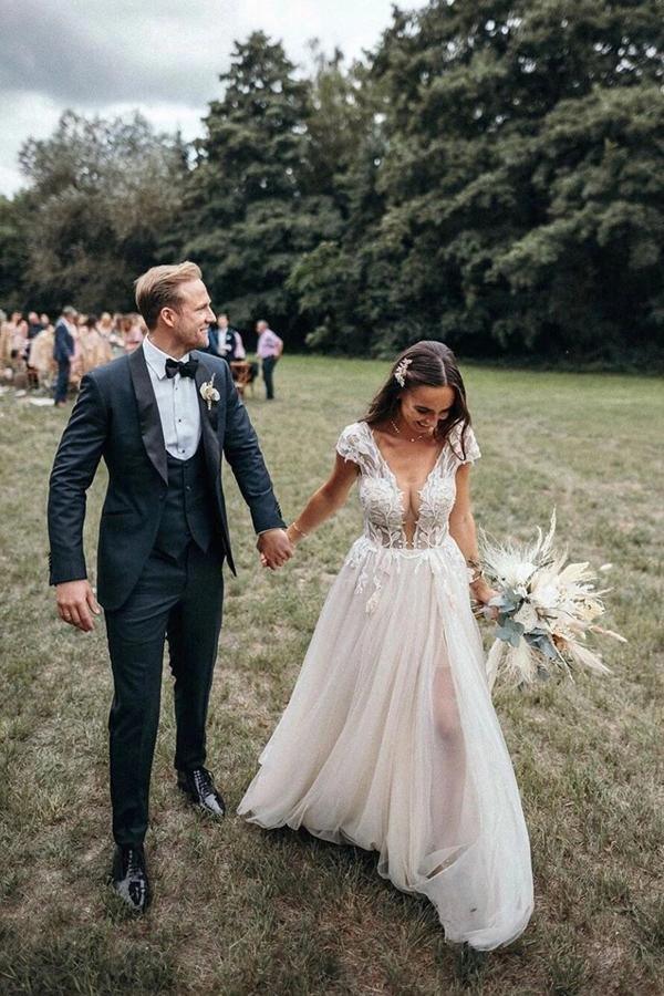 NumberSea Cap Sleeves Deep V-neck Lace Appliques A-Line Rustic Wedding Dress,MW440