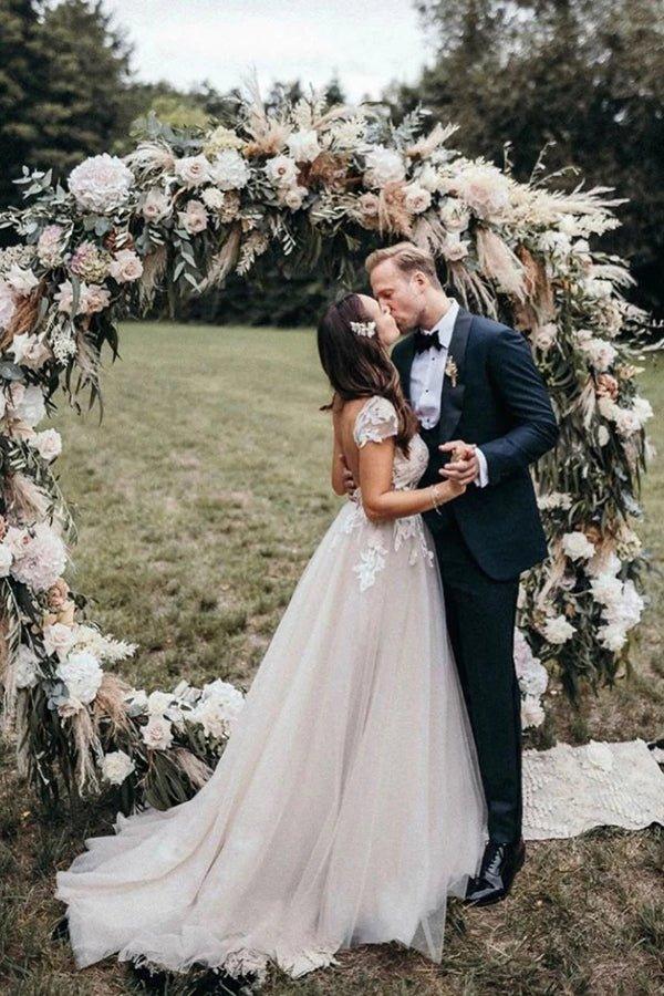 NumberSea Cap Sleeves Deep V-neck Lace Appliques A-Line Rustic Wedding Dress,MW440