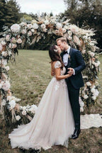NumberSea Cap Sleeves Deep V-neck Lace Appliques A-Line Rustic Wedding Dress,MW440