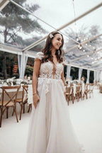 NumberSea Cap Sleeves Deep V-neck Lace Appliques A-Line Rustic Wedding Dress,MW440