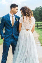 NumberSea Casual Country Style Two Piece Lace Top Tulle Skirt Wedding Dresses, MW535
